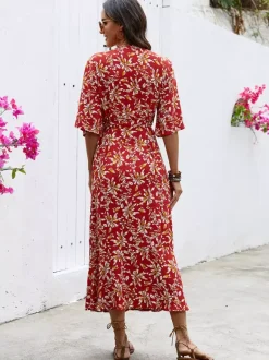 Bohemian Summer Vibes Red Floral Wrap Maxi Dress Lightweight Flirty Great For Beach City Strolls