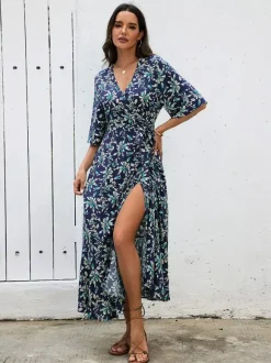 Bohemian Summer Vibes Red Floral Wrap Maxi Dress Lightweight Flirty Great For Beach City Strolls