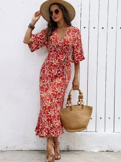 Bohemian Summer Vibes Red Floral Wrap Maxi Dress Lightweight Flirty Great For Beach City Strolls