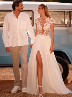 Bohemian Wedding Dress Round Neck Short Sleeves Oval Back Cutout Slit Skirt Small Train