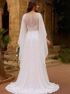 Boho Bridal Dress Lace Wedding Dress Jewel Neck Long Sleeves With Train Chiffon Bridal Gowns