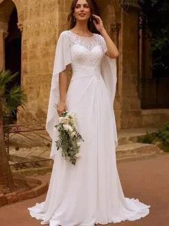 Boho Bridal Dress Lace Wedding Dress Jewel Neck Long Sleeves With Train Chiffon Bridal Gowns