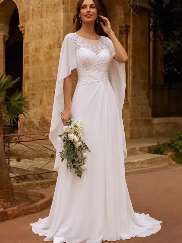 Boho Bridal Dress Lace Wedding Dress Jewel Neck Long Sleeves With Train Chiffon Bridal Gowns