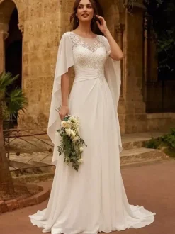 Boho Bridal Dress Lace Wedding Dress Jewel Neck Long Sleeves With Train Chiffon Bridal Gowns