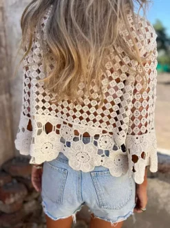 Boho Crochet Hollow Out Cover Up Tees White Lace Lace Up V-Neck T Shirt Blouse