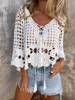 Boho Crochet Hollow Out Cover Up Tees White Lace Lace Up V-Neck T Shirt Blouse