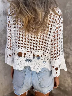 Boho Crochet Hollow Out Cover Up Tees White Lace Lace Up V-Neck T Shirt Blouse