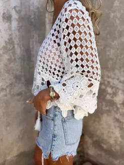 Boho Crochet Hollow Out Cover Up Tees White Lace Lace Up V-Neck T Shirt Blouse