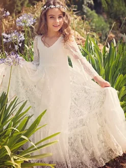 Boho Flower Girl Dress White Lace Flare Sleeve Sash A Line V Neck Ankle Length Junior Bridesmaid Dress