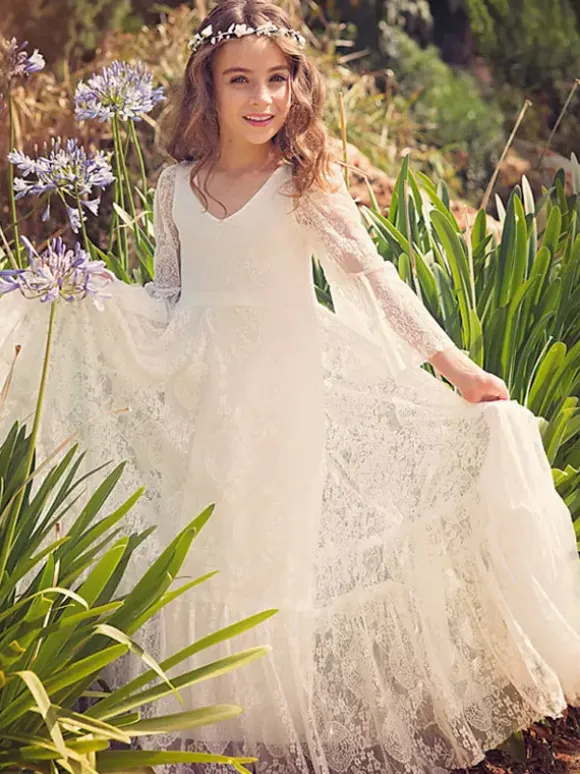 Boho Flower Girl Dress White Lace Flare Sleeve Sash A Line V Neck Ankle Length Junior Bridesmaid Dress