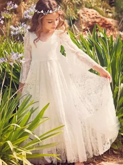 Boho Flower Girl Dress White Lace Flare Sleeve Sash A Line V Neck Ankle Length Junior Bridesmaid Dress