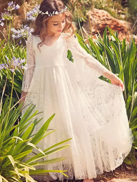 Boho Flower Girl Dress White Lace Flare Sleeve Sash A Line V Neck Ankle Length Junior Bridesmaid Dress