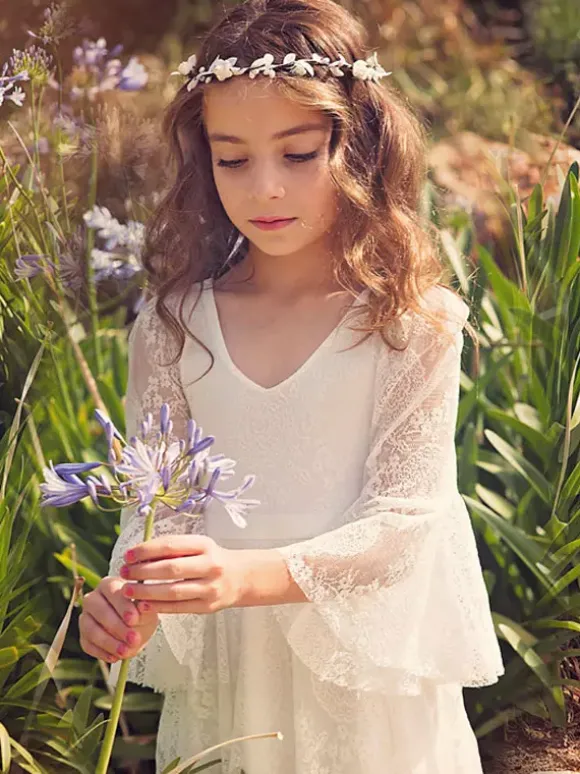 Boho Flower Girl Dress White Lace Flare Sleeve Sash A Line V Neck Ankle Length Junior Bridesmaid Dress