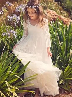 Boho Flower Girl Dress White Lace Flare Sleeve Sash A Line V Neck Ankle Length Junior Bridesmaid Dress