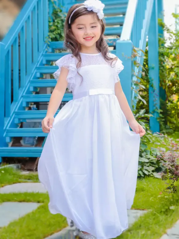 Boho Lace Flower Girl Dresses Jewel Neck Sleeveless Pleated Formal Kids Pageant Dresses