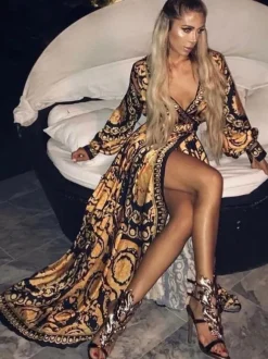 Boho Maxi Dresses Long Sleeves Printed V-Neck Slit Long Dress For Women