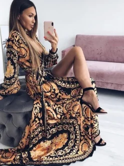 Boho Maxi Dresses Long Sleeves Printed V-Neck Slit Long Dress For Women
