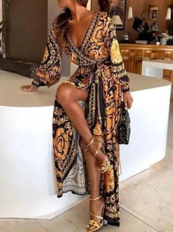 Boho Maxi Dresses Long Sleeves Printed V-Neck Slit Long Dress For Women