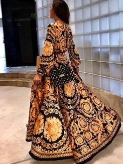 Boho Maxi Dresses Long Sleeves Printed V-Neck Slit Long Dress For Women