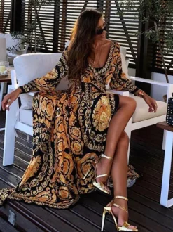 Boho Maxi Dresses Long Sleeves Printed V-Neck Slit Long Dress For Women