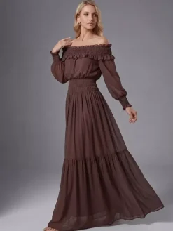 Boho Off-Shoulder Maxi Dress For Women - Brown Smocked Waist Ruffle Chiffon Tiered Long Sleeve Gown - Beach Date Night 2026