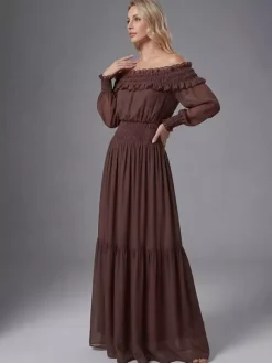Boho Off-Shoulder Maxi Dress For Women - Brown Smocked Waist Ruffle Chiffon Tiered Long Sleeve Gown - Beach Date Night 2026