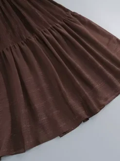 Boho Off-Shoulder Maxi Dress For Women - Brown Smocked Waist Ruffle Chiffon Tiered Long Sleeve Gown - Beach Date Night 2026