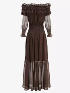 Boho Off-Shoulder Maxi Dress For Women - Brown Smocked Waist Ruffle Chiffon Tiered Long Sleeve Gown - Beach Date Night 2026