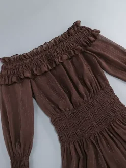 Boho Off-Shoulder Maxi Dress For Women - Brown Smocked Waist Ruffle Chiffon Tiered Long Sleeve Gown - Beach Date Night 2026