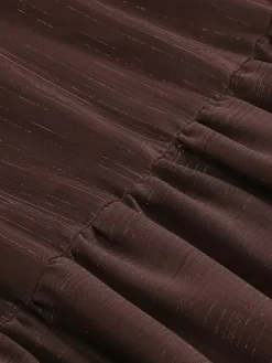 Boho Off-Shoulder Maxi Dress For Women - Brown Smocked Waist Ruffle Chiffon Tiered Long Sleeve Gown - Beach Date Night 2026