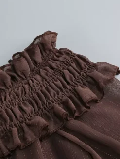 Boho Off-Shoulder Maxi Dress For Women - Brown Smocked Waist Ruffle Chiffon Tiered Long Sleeve Gown - Beach Date Night 2026