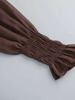 Boho Off-Shoulder Maxi Dress For Women - Brown Smocked Waist Ruffle Chiffon Tiered Long Sleeve Gown - Beach Date Night 2026