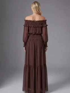 Boho Off-Shoulder Maxi Dress For Women - Brown Smocked Waist Ruffle Chiffon Tiered Long Sleeve Gown - Beach Date Night 2026
