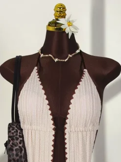 Boho One Piece Swimsuit For Women - Cream Textured Halter Monokini With Deep V Neck & Brown Ric Rac Trim - Summer Beach 2026