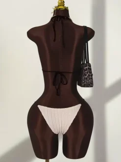 Boho One Piece Swimsuit For Women - Cream Textured Halter Monokini With Deep V Neck & Brown Ric Rac Trim - Summer Beach 2026