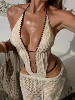 Boho One Piece Swimsuit For Women - Cream Textured Halter Monokini With Deep V Neck & Brown Ric Rac Trim - Summer Beach 2026