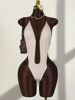 Boho One Piece Swimsuit For Women - Cream Textured Halter Monokini With Deep V Neck & Brown Ric Rac Trim - Summer Beach 2026