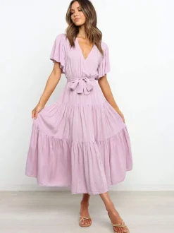 Boho Ruffle Tiered Midi Dress for Women - Lilac V Neck Flutter Sleeve A-Line Flowy Wrap Sun Dress - Summer Wedding Guest 2026