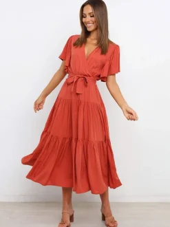 Boho Ruffle Tiered Midi Dress for Women - Lilac V Neck Flutter Sleeve A-Line Flowy Wrap Sun Dress - Summer Wedding Guest 2026