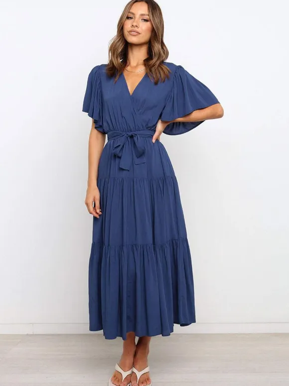 Boho Ruffle Tiered Midi Dress for Women - Lilac V Neck Flutter Sleeve A-Line Flowy Wrap Sun Dress - Summer Wedding Guest 2026