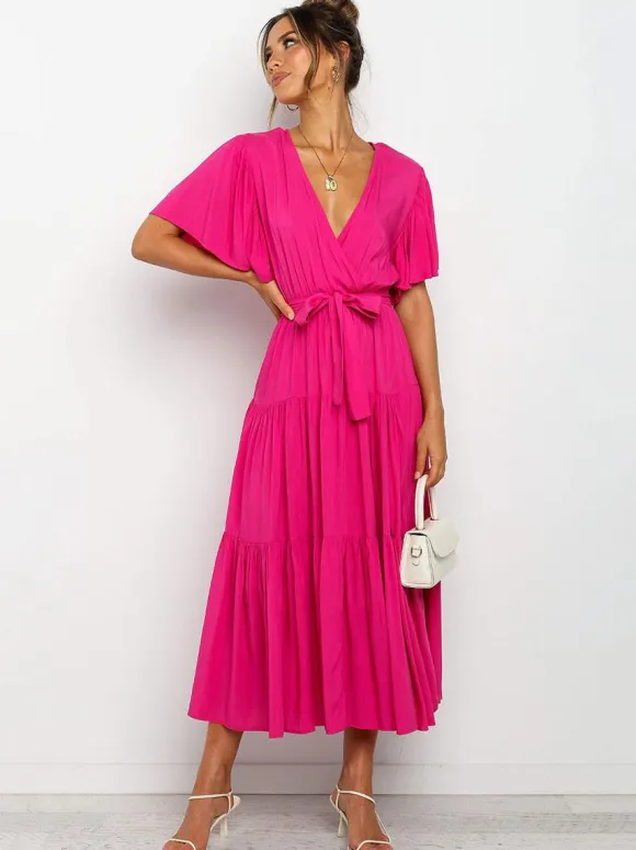 Boho Ruffle Tiered Midi Dress for Women - Lilac V Neck Flutter Sleeve A-Line Flowy Wrap Sun Dress - Summer Wedding Guest 2026