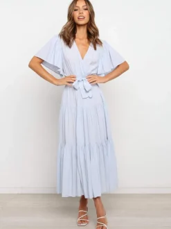 Boho Ruffle Tiered Midi Dress for Women - Lilac V Neck Flutter Sleeve A-Line Flowy Wrap Sun Dress - Summer Wedding Guest 2026