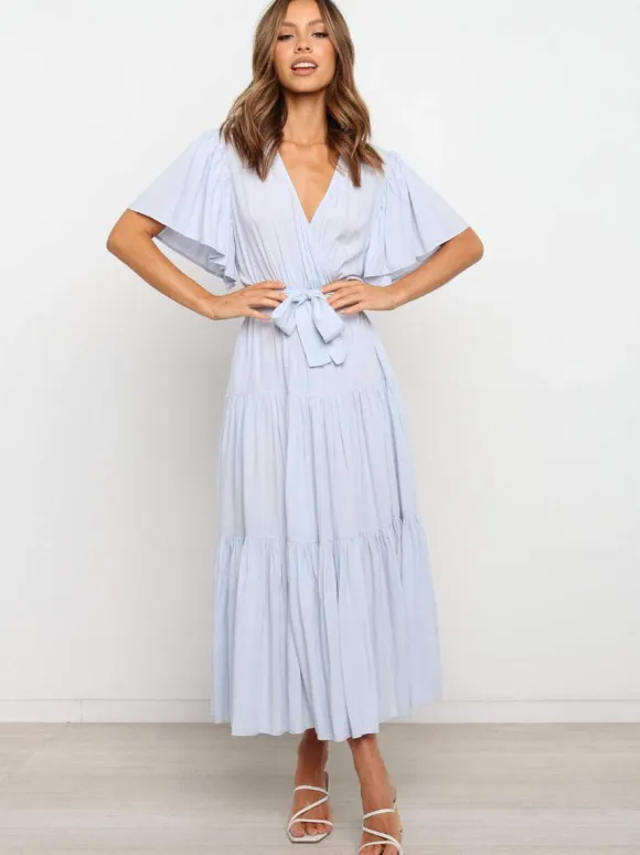 Boho Ruffle Tiered Midi Dress for Women - Lilac V Neck Flutter Sleeve A-Line Flowy Wrap Sun Dress - Summer Wedding Guest 2026
