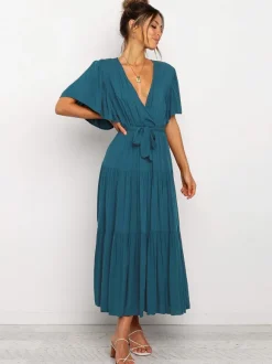 Boho Ruffle Tiered Midi Dress for Women - Lilac V Neck Flutter Sleeve A-Line Flowy Wrap Sun Dress - Summer Wedding Guest 2026