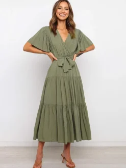 Boho Ruffle Tiered Midi Dress for Women - Lilac V Neck Flutter Sleeve A-Line Flowy Wrap Sun Dress - Summer Wedding Guest 2026