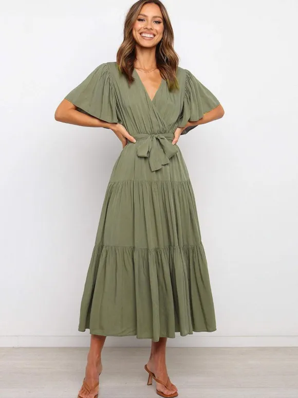Boho Ruffle Tiered Midi Dress for Women - Lilac V Neck Flutter Sleeve A-Line Flowy Wrap Sun Dress - Summer Wedding Guest 2026