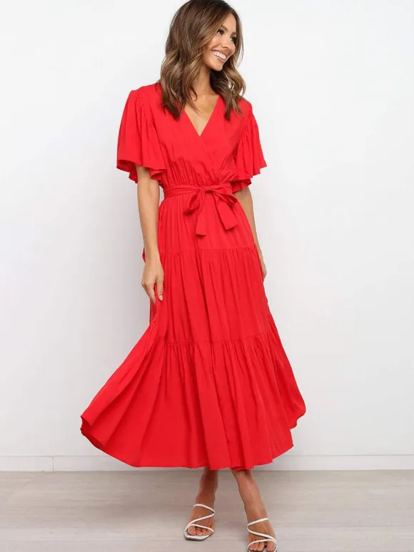 Boho Ruffle Tiered Midi Dress for Women - Lilac V Neck Flutter Sleeve A-Line Flowy Wrap Sun Dress - Summer Wedding Guest 2026