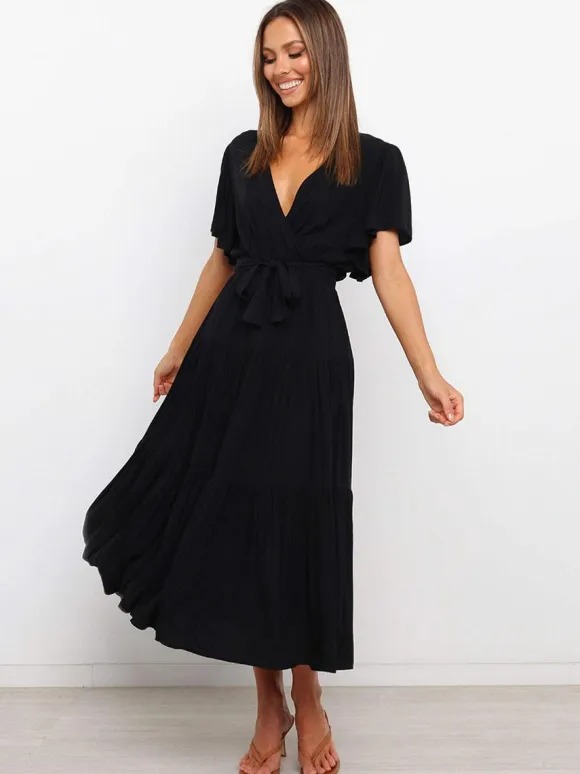 Boho Ruffle Tiered Midi Dress for Women - Lilac V Neck Flutter Sleeve A-Line Flowy Wrap Sun Dress - Summer Wedding Guest 2026
