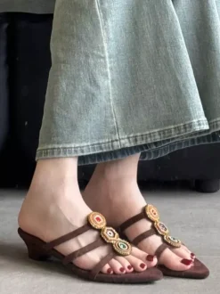 Boho Sandal Slides Women's Open Toe Bead Wedge Heel Slippers