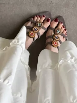 Boho Sandal Slides Women's Open Toe Bead Wedge Heel Slippers